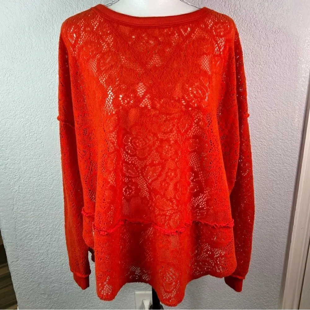 Free People Oversized Orange Long Sleeve Top Semi-Sheer Lacy Size XS Bohemian